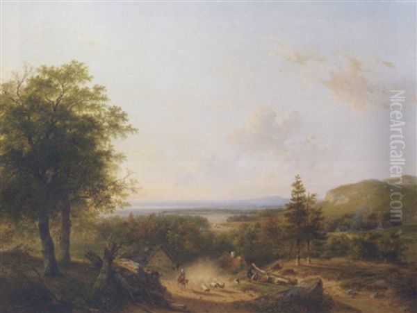Glooiend Zomerlandschap: A Shepherdess With A Flock And Travellers In An Extensive Summer Landscape - view 1