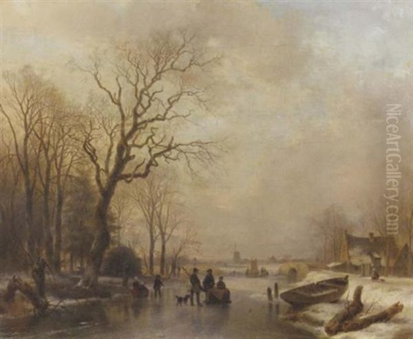 An Extensive Sunlit Winter Landscape With A Huntsman Conversing With Villagers On The Ice - view 1