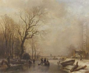 An Extensive Sunlit Winter Landscape With A Huntsman Conversing With Villagers On The Ice by Andreas Schelfhout