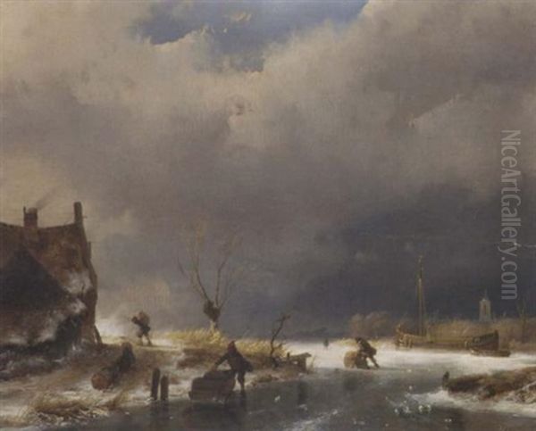 A Winter's Day: Skaters With Sledges On A Frozen Waterway By A Cottage - view 1