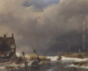 A Winter's Day: Skaters With Sledges On A Frozen Waterway By A Cottage by Andreas Schelfhout