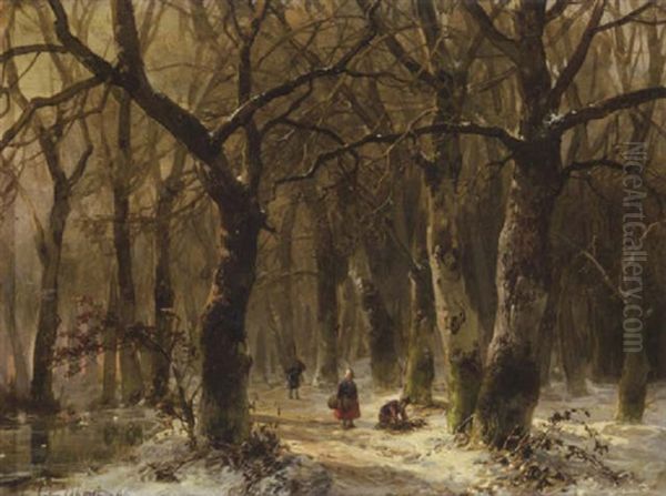 A Forest Winter With Wood Gatherers On A Snowy Path - view 1