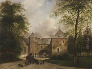 Preparing For The Falcon Hunt At The Royal Palace Het Loo by Andreas Schelfhout