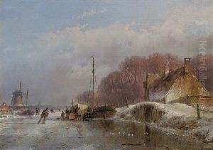 A Winter Landscape With Skaters And A 'koek En Zopie' On A Frozen River by Andreas Schelfhout