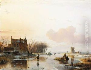 A Frozen Waterway With Figures Gathering Wood By A Mansion