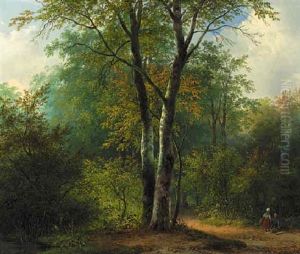 Woodgatherers On A Forest Path In Summer by Andreas Schelfhout