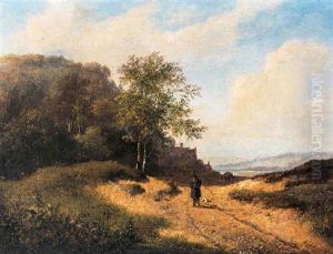 Jager Met Hond In Een Heuvelachtig Landschap by Andreas Schelfhout