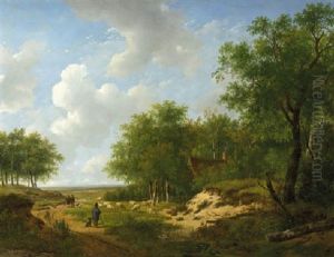 Sportsmen And A Shepherd On A Sandy Track At The Edge Of A Forest by Andreas Schelfhout