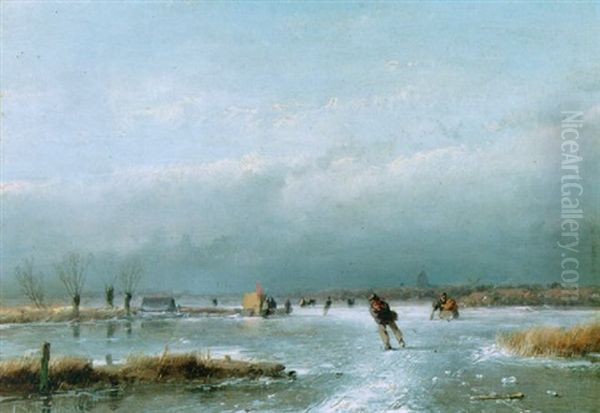 A Winter Landscape With Skaters And A Koek En Zopie On A Frozen River - view 1