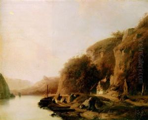 View Of A River Gorge With Figures Near A Barge