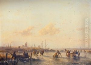 Figures Skating On A Frozen River Before A Town by Andreas Schelfhout