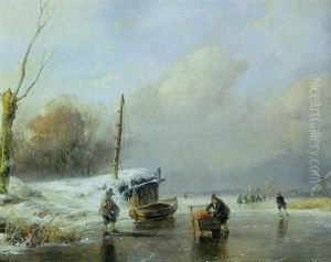 A Winter River Scene With Figures On The Ice In The Foreground by Andreas Schelfhout
