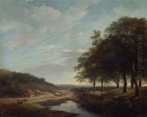 An Extensive Summer Landscape With Travellers And A Haywagon On A Sandy Track - view 1