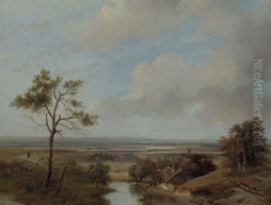 A Panoramic Dune Landscape In The Vicinity Of Haarlem With Villagers Conversing By A Barn In The Foreground