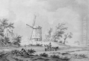 A Horse Drawn Cart By A Mill by Andreas Schelfhout
