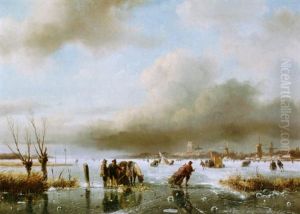 Skaters On A Frozen River Near The City Of Dordrecht by Andreas Schelfhout
