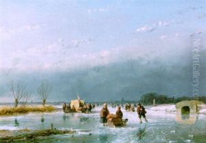 A Frozen Waterway With Skaters And A Koek En Zopie On The Ice by Andreas Schelfhout
