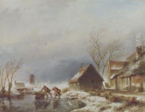 Winterlandschaft Mit Zugefrorenem Kanal Und Zwei Schlittschuhlaufern by Andreas Schelfhout