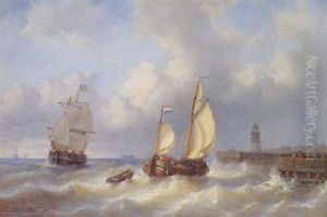 Schwedischer Dreimaster Und Hollandischer Kustenfrachtsegler Vor Dem Hafen Einer Hollandischen Kustenstadt by Andreas Schelfhout