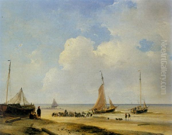 Fishermen With Bomschuiten On The Beach - view 1