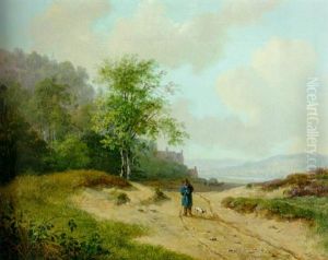 A Summer Landscape With A Traveler And Dog On A Sandy Track