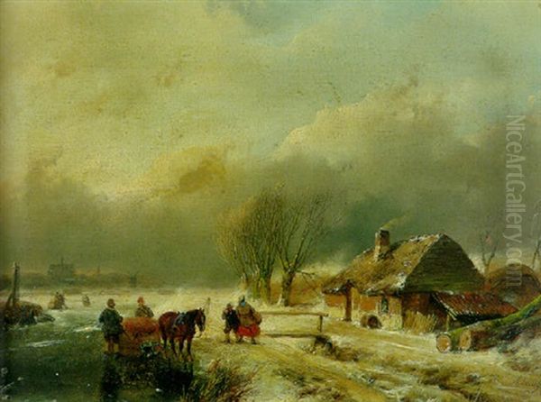A Winter Landscape With A Horse-drawn Sledge On A Frozen Waterway - view 1