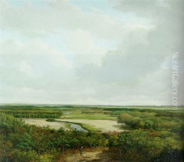 An Extensive Summer Landscape With A Sportsman And A Dog Near A Stream - view 1