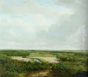 An Extensive Summer Landscape With A Sportsman And A Dog Near A Stream