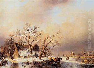 Winterlandschap Met Figuren Op Het Ijs En Boerderijen by Andreas Schelfhout