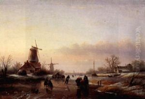 Schlittschuhlaufer Auf Einem Zugefrorenen Kanal Mit Windmuhlen by Andreas Schelfhout