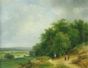 An Extensive Wooded Summer Landscape With A Man On A Horseback And Travellers On A Sloping Sandy Track