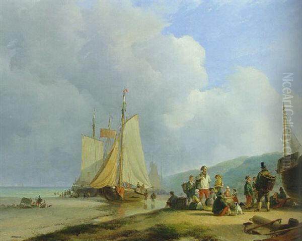 Villagefolk Gathered Around A Fishmonger On A Beach - view 1
