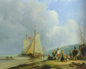 Villagefolk Gathered Around A Fishmonger On A Beach by Andreas Schelfhout