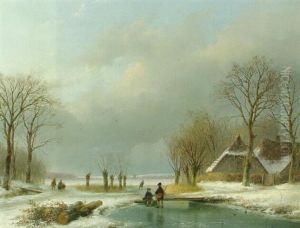 A Winter Landscape With Sportsmen Conversing On The Ice, A Peasant Couple On A Path And Farms Beyond by Andreas Schelfhout