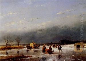 A Winter Landscape With Skaters And A Koek En Zopie On A Frozen River by Andreas Schelfhout