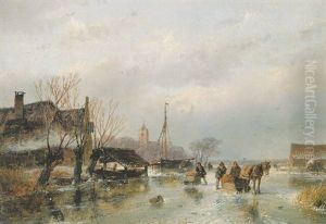 Figures On A Frozen Lake by Andreas Schelfhout