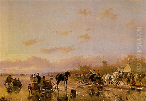A Winter Landscape With Skaters And Horse Drawn Sleighs - view 1