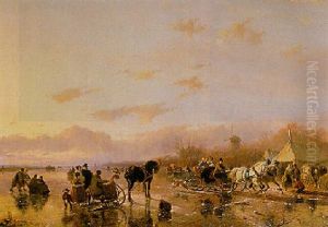 A Winter Landscape With Skaters And Horse Drawn Sleighs by Andreas Schelfhout