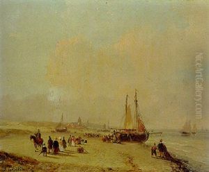 Elegant Figures On The Beach Welcoming The Fleet, Scheveningen Beyond by Andreas Schelfhout