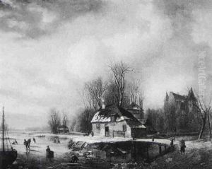 Winter Landscape With Figures On The River by Andreas Schelfhout