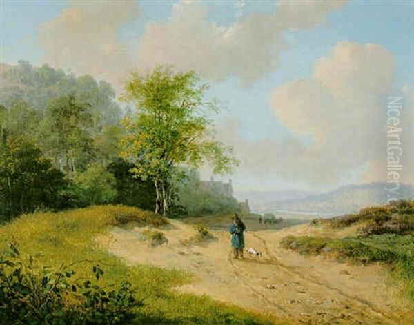 Traveller With His Dog In An Extensive Summer Landscape - view 1