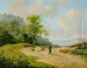 Traveller With His Dog In An Extensive Summer Landscape by Andreas Schelfhout