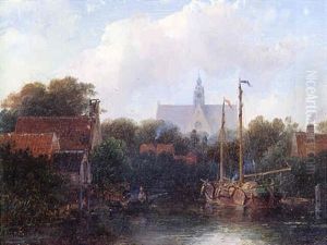 A River Landscape With Figures In A Rowing Boat And A Barge In The Foreground, With The St. Bavo-church, Haarlem, Beyond