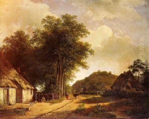 A Summer Landscape With A Peasantwoman And A Donkey On A Sandy Path Along A Farm