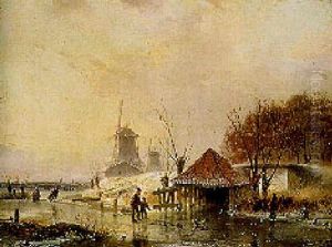 A Man And A Dog Standing By A Shed On A Frozen River, Windmills Beyond