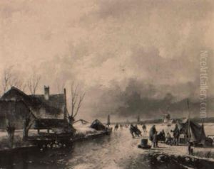 A Winter Landscape With Skaters On A Frozen River