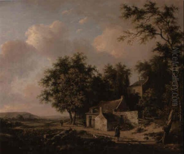 Figures Before A Cottage In An Extensive Wooded Landscape - view 1