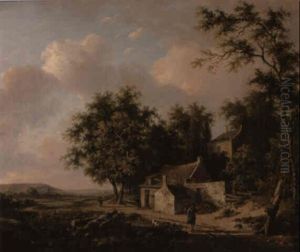 Figures Before A Cottage In An Extensive Wooded Landscape by Andreas Schelfhout