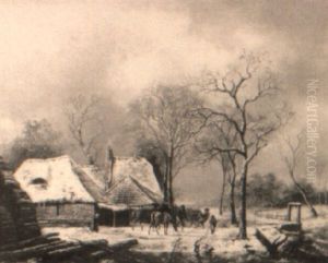 A Winter Landscape With Peasants By A Farm by Andreas Schelfhout