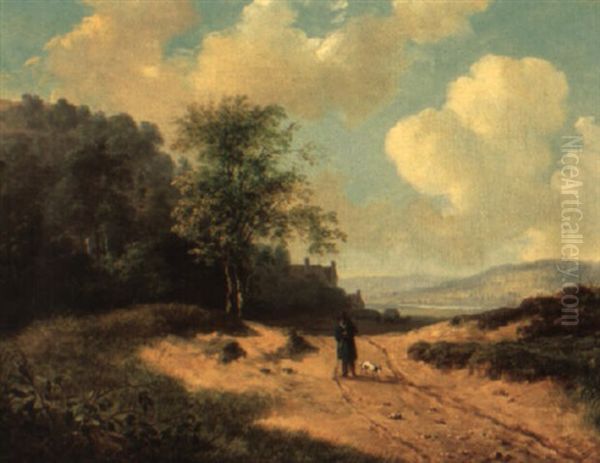 A Summer Landscape With A Man And His Dog On A Path - view 1
